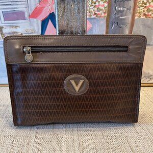 Mario Valentino Vintage Cognac Leather Clutch Bag Logo Monogram Zipper Clutch
